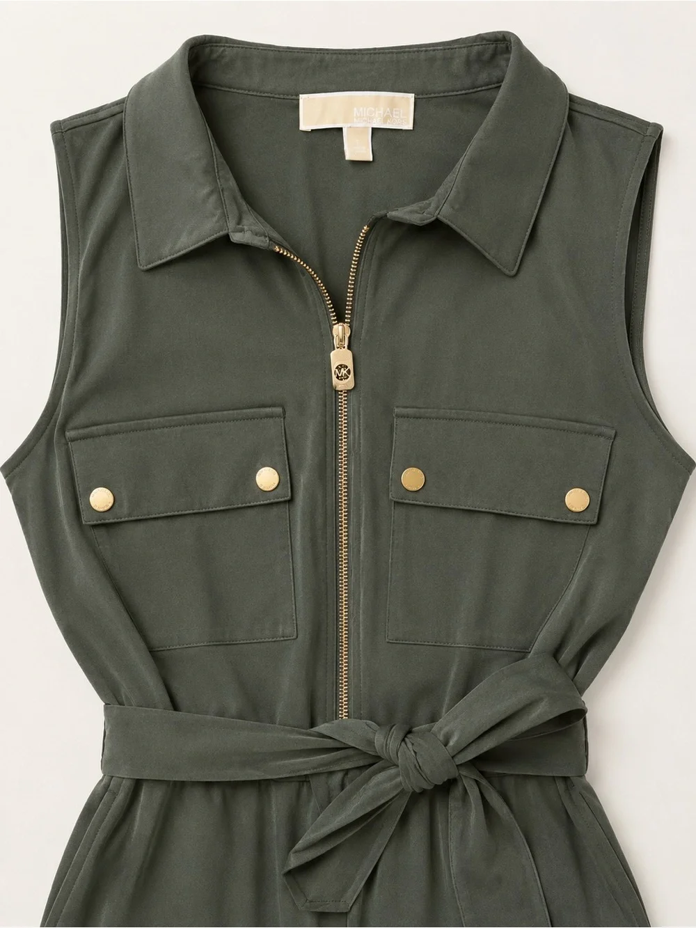 Michael Kors Sleeveless Utility Jumpsuit in Olive Green with Gold Hardware Large